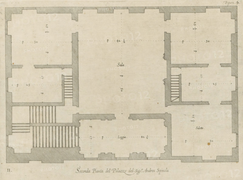 Floor plan of the first floor of the Palazzo Gambaro in Genoa, Seconda pianta del Palazzo del sigr. Andrea Spinola, print, album page, This print is part of an album., printmaker: Nicolaes Ryckmans, Antwerp, publisher: Peter Paul Rubens, grantor of privilege: Spanish crown, 1622, paper, engraving, height 201 mm x width 270 mm, height 583 mm x width 435 mm, plan, architecture, hotel, i.e. small palace in city, Genoa, Palazzo Gambaro, A detailed architectural floor plan rendered in monochrome with shaded thick exterior walls and thinner interior partitions, showing multiple rectangular rooms connected by corridors and staircases, with stair treads indicated by parallel lines and some small shaded vestibules; the central large open space has lighter interior shading compared with darker hatched wall edges, and the drawing includes evenly spaced dotted guide lines and small arrowheads marking directions; there are scattered small ink marks and tiny spots on the paper, and the overall sheet...