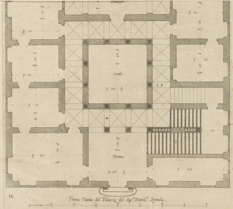Plan of the ground floor of the Palazzo Nicolò Spinola di Luccoli in Genoa, Prima pianta del Palazzo del sigr. Daniel Spinola, print, album page, This print is part of an album., printmaker: Nicolaes Ryckmans, Antwerp, publisher: Peter Paul Rubens, provider of privilege: Spanish crown, 1622, paper, engraving, height 234 mm x width 235 mm, height 583 mm x width 435 mm, plan, architecture, hôtel, ie small palace in city - AA - civic architecture: inside, Genoa, Palazzo Nicolò Spinola di Luccoli, A detailed architectural floor plan rendered in sepia tones showing thick hatched walls, rectangular rooms, a central open courtyard outlined by shaded columns, and a surrounding grid of dashed guide lines and diagonal crosshatching indicating vaulted spaces; small filled square markers appear at certain corner junctions, parallel narrow lines suggest a colonnaded portico area, and stairs are represented by a series of parallel bars next to ornamental circular motifs; the sheet shows aged paper t...