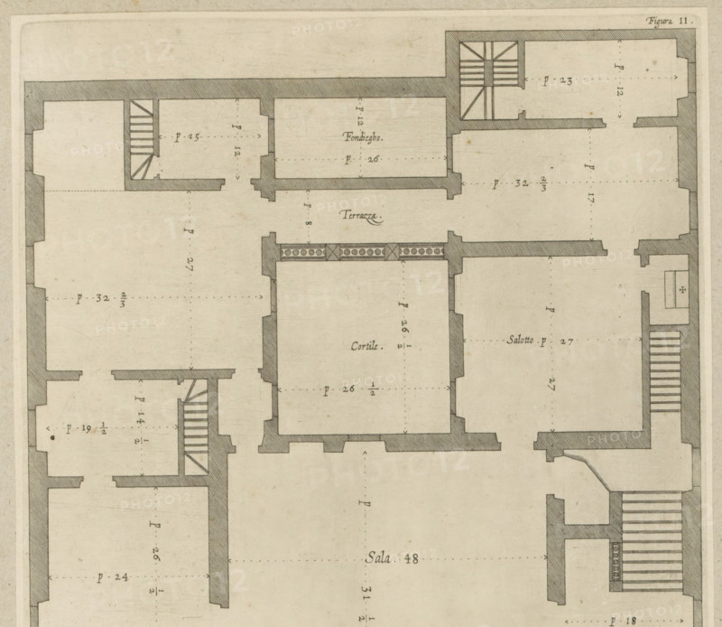 Plan of the first floor of the Palazzo Nicolò Spinola di Luccoli in Genoa, Pianta seconda del Palazzo del sigr. Daniel Spinola, print, album page, This print is part of an album., printmaker: Nicolaes Ryckmans, Antwerp, publisher: Peter Paul Rubens, provider of privilege: Spanish crown, 1622, paper, engraving, height 246 mm x width 234 mm, height 583 mm x width 435 mm, plan, architecture, hôtel, ie small palace in city - AA - civic architecture: inside, Genoa, Palazzo Nicolò Spinola di Luccoli, A sepia-toned architectural floor plan showing thick shaded wall outlines, interior room divisions, and staircases, with narrow corridors and rectangular rooms of varying sizes, hatch-patterned wall cross-sections, dotted alignment marks across room interiors, decorative balustrade detail between two rooms, and subtle paper texture with small speckles and age marks.