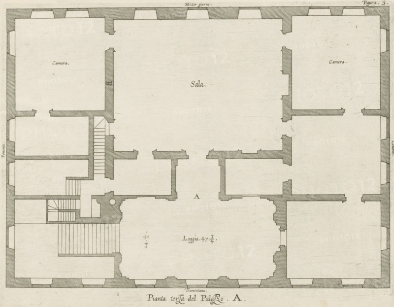 Plan of the first floor of the Palazzo Carrega-Cataldi in Genoa, Pianta terza del Palazzo. A., print, album page, This print is part of an album., printmaker: Nicolaes Ryckmans, Antwerp, publisher: Peter Paul Rubens, provider of privilege: Spanish crown, 1622, paper, engraving, height 196 mm x width 251 mm, height 583 mm x width 435 mm, plan, architecture, hôtel, ie small palace in city - AA - civic architecture: inside, Genoa, Palazzo Carrega-Cataldi, A monochrome architectural floor plan rendered in fine lines showing a large central hall flanked by multiple rooms and corridors, with thick crosshatched exterior walls and thinner interior partition walls, rectangular rooms of varying sizes with small rectangular openings indicating doors, a set of parallel staircases and a circular element near one staircase, repeated small rectangular window-like shapes along the outer walls, and fine paper texture with slight aging marks.