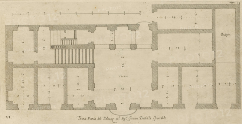 Great pianta del Palazzo del sigr. Giovan Battista Grimaldo, Plan of the ground floor of the Palazzo Gio Battista Grimaldi in Genoa, print, album page, This print is part of an album., printmaker: Nicolaes Ryckmans, Antwerp, publisher: Peter Paul Rubens, grantor of privilege: Spanish crown, 1622, paper, engraving, gravure, height 178 mm x width 357 mm, height 583 mm x width 435 mm, plan, architecture, hôtel, ie small palace in city - AA - civic architecture: inside, Genoa, Palazzo Gio Battista Grimaldi, Aged architectural floor plan drawn in sepia tones showing thick hatched walls outlining multiple rectangular rooms arranged symmetrically around a large central open area with a semi-circular entrance at the bottom edge; the walls are shaded with diagonal hatching and include door openings and recessed portions, and one area contains a set of closely spaced vertical parallel lines resembling a stair or colonnade next to a short rectangular block with circular holes. The paper shows fai...