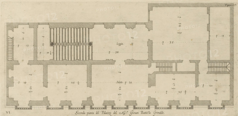 Plan of the first floor of the Palazzo Gio Battista Grimaldi in Genoa, Seconda pianta del Palazzo del sigr. Giovan Battista Grimaldo, print, album page, This print is part of an album., printmaker: Nicolaes Ryckmans, Antwerp, publisher: Peter Paul Rubens, provider of privilege: Spanish crown, 1622, paper, engraving, height 172 mm x width 350 mm, height 583 mm x width 435 mm, plan, architecture, hôtel, ie small palace in city - AA - civic architecture: inside, Genoa, Palazzo Gio Battista Grimaldi, A rectangular architectural floor plan drawn on aged paper shows thick shaded exterior walls and interior partitions forming multiple rooms and corridors. The plan includes areas with closely spaced parallel hatch lines indicating a covered or colonnaded space, small filled circles and short rectangular blocks within that area suggesting structural elements, and several sets of narrow parallel lines representing staircases. Along one long edge are repeated rectangular alcoves or window opening...