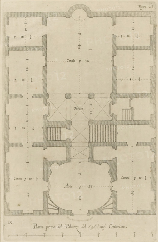Pianta prima del Palazzo del sigr. Luigi Centurione, Plan of the ground floor of the Palazzo Podestà in Genoa, print, album page, This print is part of an album., printmaker: Nicolaes Ryckmans, Antwerp, publisher: Peter Paul Rubens, grantor of privilege: Spanish crown, 1622, paper, engraving, height 256 mm x width 166 mm, height 583 mm x width 435 mm, plan, architecture, hôtel, ie small palace in city - AA - civic architecture: inside, Genoa, Palazzo Podestà, A hand-drawn architectural floor plan on aged paper showing an arrangement of rooms and corridors with thick hatched wall outlines and thin interior lines indicating measurements and alignments; a large central rectangular courtyard opens into a portico with square columns and diagonal hatch patterns, flanked by symmetrical rooms on both sides with alcove-like recesses and staircases indicated by parallel lines; a prominent rounded atrium with curved walls and steps is positioned toward the lower center, connected to adjacent rect...