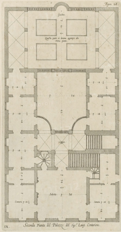 Plan of the first floor of the Palazzo Podestà in Genoa, Seconda pianta del Palazzo del sigr. Luigi Centurione, print, album page, This print is part of an album., printmaker: Nicolaes Ryckmans, Antwerp, publisher: Peter Paul Rubens, provider of privilege: Spanish crown, 1622, paper, engraving, height 328 mm x width 171 mm, height 583 mm x width 435 mm, plan, architecture, hôtel, ie small palace in city - AA - civic architecture: inside, Genoa, Palazzo Podestà, A vertically oriented architectural floor plan rendered in ink on aged paper showing the layout of rooms and corridors within a rectangular building footprint, with thick hatched exterior walls and thinner interior partition walls; the drawing includes symmetrical room arrangements on left and right sides, a central large rectangular hall with a curved double-arched entrance at its top, a loggia space below the curved arches, staircases including a spiral staircase on one side, rectilinear rooms of varying sizes arranged around ...