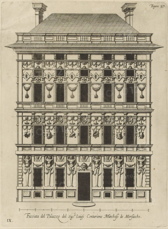 Facciata del Palazzo del sigr. Luigi Centurione Marchese de Morsascho, Uprising of the façade of the Palazzo Podestà in Genoa, print, album page, This print is part of an album., printmaker: Nicolaes Ryckmans, Antwerp, publisher: Peter Paul Rubens, grantor of privilege: Spanish crown, 1622, granter of privilege, paper, engraving, gravure, height 273 mm x width 203 mm, height 583 mm x width 435 mm, façade (or house or building), exterior, architectural design or model, hôtel, ie small palace in city, Genoa, Palazzo Podestà, A detailed architectural elevation of a multi-story building rendered in black ink on a light background, showing a symmetrical façade with a central doorway flanked by tall rectangular openings, successive horizontal cornices separating floors, rows of rectangular windows and blank panels, decorative garlands and swags hanging between windows, sculpted mascarons and cartouches integrated into the ornament, pilasters and engaged columns with ornate capitals, repeatin...