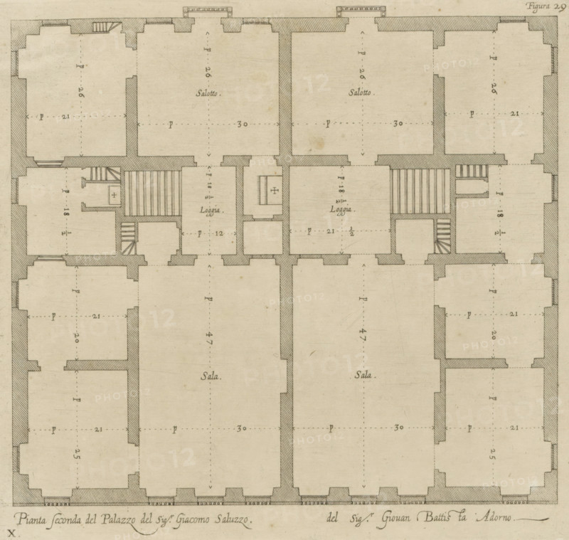 Plan of the first floor of the Palazzo Cattaneo-Adorno in Genoa, Pianta seconda del Palazzo del sigr. Giacomo Saluzzo, del sigr. Giovan Battista Adorno, print, album page, This print is part of an album., printmaker: Nicolaes Ryckmans, Antwerp, publisher: Peter Paul Rubens, provider of privilege: Spanish crown, 1622, paper, engraving, height 219 mm x width 219 mm, height 583 mm x width 435 mm, plan, architecture, hôtel, ie small palace in city - AA - civic architecture: inside, Genoa, Palazzo Cattaneo-Adorno, A rectangular architectural floor plan drawn in ink on aged paper showing a symmetrical arrangement of rooms and corridors with thick shaded walls and thinner interior partitions, dashed lines indicating centerlines in many rooms, staircases depicted with parallel lines and small landings, rectangular rooms with chamfered corners along the outer edges, two central large halls each labeled visually by a small handwritten word, smaller rectangular loggia spaces adjacent to the halls...