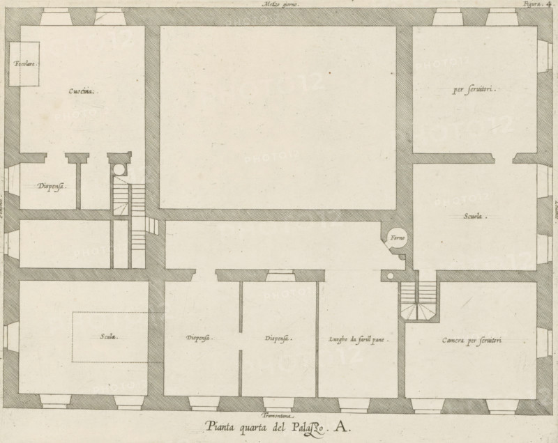 Pianta quarta del Palazzo. A., Plan of the mezzanine of the Palazzo Carrega-Cataldi in Genoa, print, album page, This print is part of an album., printmaker: Nicolaes Ryckmans, Antwerp, publisher: Peter Paul Rubens, provider of privilege: Spanish crown, 1622, paper, engraving, height 200 mm x width 250 mm, height 583 mm x width 435 mm, plan, architecture, hôtel, ie small palace in city - AA - civic architecture: inside, Genoa, Palazzo Carrega-Cataldi, A grayscale architectural floor plan showing multiple rectangular rooms outlined by hatched thick walls and thin interior lines, with staircases and small circular features in some areas, doorways indicated by breaks in walls, and narrow corridors connecting the rooms; the paper has a slightly aged texture with faint speckles and small stains, and there are small handwritten labels inside several rooms.
