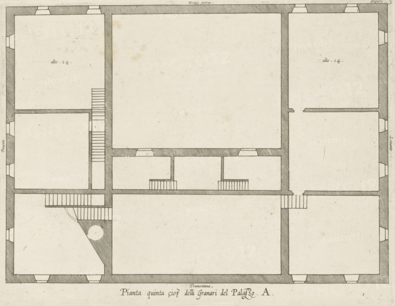Pianta quinta cioè delli Granari del Palazzo. A., Floor plan of the attic of the Palazzo Carrega-Cataldi in Genoa, print, album page, This print is part of an album., printmaker: Nicolaes Ryckmans, Antwerp, publisher: Peter Paul Rubens, provider of privilege: Spanish crown, 1622, paper, engraving, height 193 mm x width 252 mm, height 583 mm x width 435 mm, plan, architecture, hôtel, ie small palace in city - AA - civic architecture: inside, Genoa, Palazzo Carrega-Cataldi, A monochrome architectural floor plan rendered in fine ink lines showing a rectilinear layout of rooms separated by thick hatched walls and thinner interior partitions, with multiple door openings indicated by breaks in the walls and small rectangular thresholds; staircases appear as narrow flights with parallel risers in several locations, including a curved stair segment in one corner, and there are small recessed alcoves or window-like notches along the exterior perimeter; the drawing shows large open interior spac...