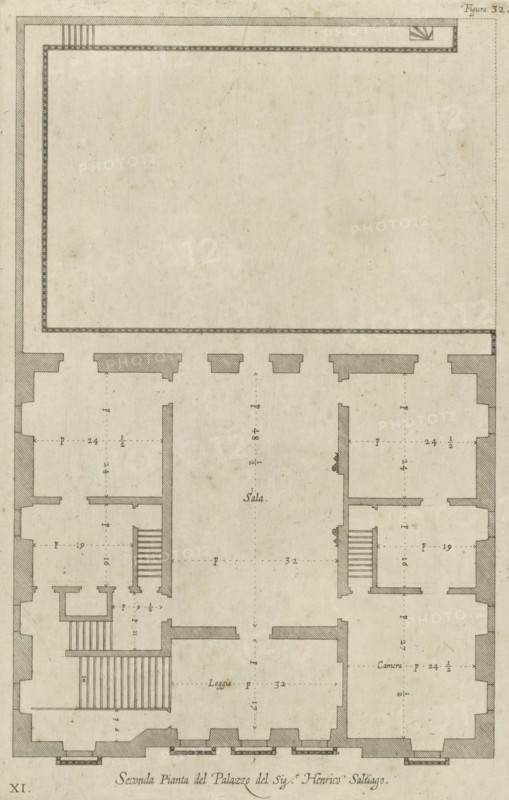 Great pianta del Palazzo del sigr. Henrico Salvago, Floor plan of the ground floor of the Palazzo Campanella in Genoa, print, album page, This print is part of an album., printmaker: Nicolaes Ryckmans, Antwerp, publisher: Peter Paul Rubens, provider of privilege: Spanish crown, 1622, paper, engraving, height 316 mm x width 198 mm, height 583 mm x width 435 mm, plan, architecture, hôtel, ie small palace in city - AA - civic architecture: inside, Genoa, Palazzo Campanella, A detailed architectural floor plan drawn on aged paper showing room outlines, thick shaded walls, staircases, rectangular openings along the lower edge, and interior partitions. The drawing features a large central rectangular hall with smaller adjacent rooms on either side, each room delineated by hatched wall shading and door openings. Several stairwells are indicated with parallel lines and small landings, and a long narrow corridor runs along the top edge inside the outer walls. Decorative cross-hatched wall secti...