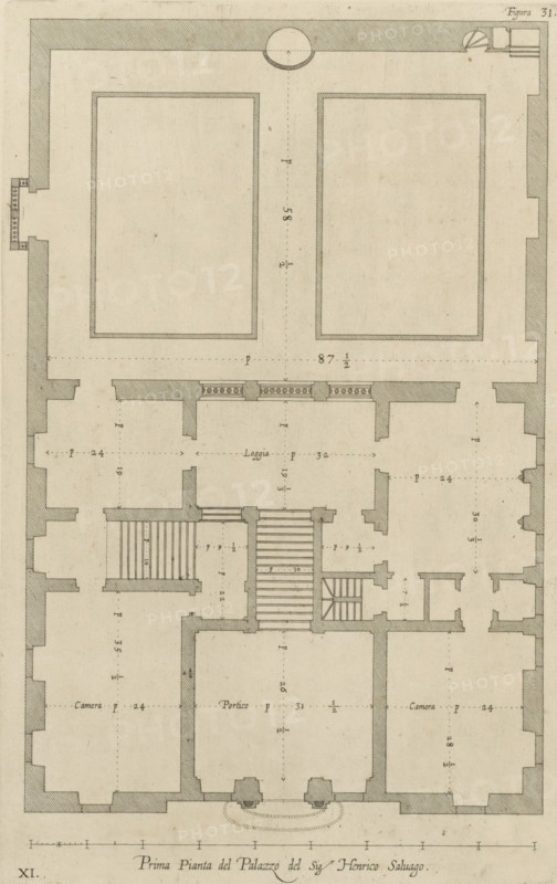 Seconda pianta del Palazzo del sigr. Henrico Salvago, Plan of the first floor of the Palazzo Campanella in Genoa, print, album page, This print is part of an album., printmaker: Nicolaes Ryckmans, Antwerp, publisher: Peter Paul Rubens, provider of privilege: Spanish crown, 1622, paper, engraving, height 309 mm x width 198 mm, height 583 mm x width 435 mm, plan, architecture, hôtel, ie small palace in city - AA - civic architecture: inside, Genoa, Palazzo Campanella, A vertical architectural floor plan drawn in sepia tones showing room outlines, thick shaded exterior walls, interior partition walls, staircases with step markings, two large rectangular courtyards at the top framed by double lines, a central corridor with dotted measurement lines, several doorways indicated by breaks in walls, small rectangular alcoves and niches, columns or pilasters represented by shaded rectangular blocks, a series of small circular decorative motifs along a balustrade, dashed lines indicating alignmen...