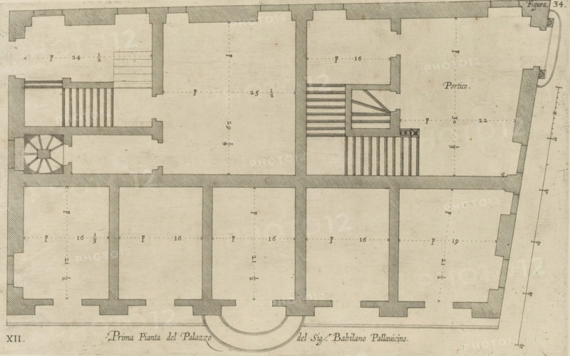Prima pianta del Palazzo del sigr. Babilano Pallavicino, Plan of the ground floor of the Palazzo Cipriano Pallavicino in Genoa, print, album page, This print is part of an album., printmaker: Nicolaes Ryckmans, Antwerp, publisher: Peter Paul Rubens, grantor of privilege: Spanish crown, 1622, paper, engraving, height 177 mm x width 289 mm, height 583 mm x width 435 mm, plan, architecture, hotel, i.e. small palace in city - AA - civic architecture: inside, Genoa, Palazzo Cipriano Pallavicino, A monochrome architectural floor plan drawn on aged paper showing a series of rectangular rooms arranged in a grid with thick hatched walls, dashed lines indicating internal measurements, and various staircases and a spiral stairwell; decorative hatch shading marks wall sections and steps, and small rectangular projections appear on exterior walls; a semicircular entrance feature is centered at the bottom edge, an area labeled with a word appears near the upper right room, and a vertical scale with ...
