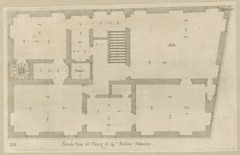 Second floor plan of the Palazzo of Sir Babilano Pallavicino, Floor plan of the first floor of the Palazzo Cipriano Pallavicino in Genoa, print, album page, This print is part of an album., printmaker: Nicolaes Ryckmans, Antwerp, publisher: Peter Paul Rubens, grantor of privilege: Spanish crown, 1622, paper, engraving, height 172 mm x width 281 mm, height 583 mm x width 435 mm, plan, architecture, hotel, i.e. small palace in city - AA - civic architecture: inside, Genoa, Palazzo Cipriano Pallavicino, A faded architectural floor plan drawn on aged paper showing thick hatched exterior walls and thinner interior partition walls, with a large open rectangular central space and several smaller rooms and corridors surrounding it; a spiral staircase is depicted in one corner and a straight flight of stairs with parallel lines appears near the center; dashed lines indicating measurements cross the rooms and small arrowheads mark directions; various wall openings are shown as gaps and recesses ...