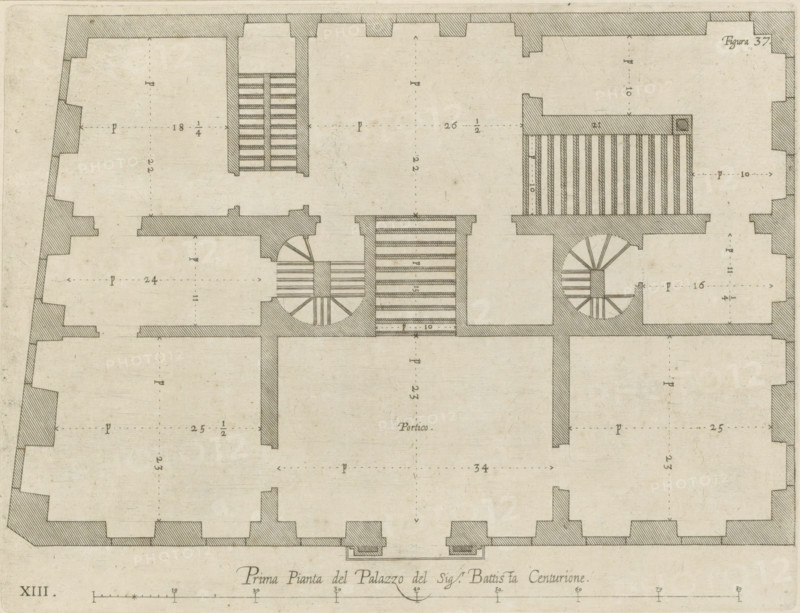 Plan of the ground floor of the Palazzo Gio Battista Centurione in Genoa, Prima pianta del Palazzo del Sigr. Battista Centurione, print, album page, This print is part of an album., printmaker: Nicolaes Ryckmans, Antwerp, publisher: Peter Paul Rubens, provider of privilege: Spanish crown, 1622, paper, engraving, height 197 mm x width 260 mm, height 583 mm x width 435 mm, plan, architecture, hôtel, ie small palace in city - AA - civic architecture: inside, Genoa, Palazzo Gio Battista Centurione, A grayscale architectural floor plan showing thick hatched exterior walls and interior partition walls, with rooms of varying shapes and open rectangular spaces; two spiral staircases depicted with radial steps inside circular enclosures and multiple straight stair flights shown as parallel lines within rectangular shafts; hatched beam or balcony areas projecting into rooms and a series of evenly spaced vertical slats in one raised rectangular platform; faint dotted measurement lines and small n...