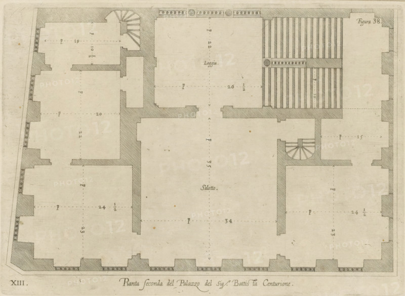 Plan of the first floor of the Palazzo Gio Battista Centurione in Genoa, Prima seconda del Palazzo del Sigr. Battista Centurione, print, album page, This print is part of an album., printmaker: Nicolaes Ryckmans, Antwerp, publisher: Peter Paul Rubens, provider of privilege: Spanish crown, 1622, paper, engraving, height 192 mm x width 264 mm, height 583 mm x width 435 mm, plan, architecture, hôtel, ie small palace in city - AA - civic architecture: inside, Genoa, Palazzo Gio Battista Centurione, A detailed architectural floor plan rendered in fine ink lines on aged paper, showing thick hatched wall sections, open room spaces, dashed alignment lines, two spiral staircases with radiating steps, a rectangular area filled with alternating vertical stripes, small circular decorative motifs within a border, various wall recesses and projections, subtle smudges and small foxing spots on the paper, and a decorative border along the bottom edge.