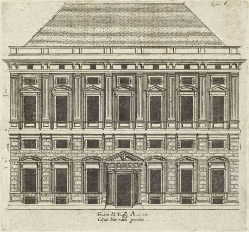 Elevation of the facade of the Palazzo Carrega-Cataldi in Genoa, Facciata del Palazzo. A. ò vero L'alsato delle piante precedenti, print, album page, This print is part of an album., printmaker: Nicolaes Ryckmans, Antwerp, publisher: Peter Paul Rubens, provider of privilege: Spanish crown, 1622, Nicolaes Ryckmans, Peter Paul Rubens, Spanish crown, printmaker, publisher, provider of privilege, paper, engraving, height 246 mm x width 262 mm, height 583 mm x width 435 mm, front facade, exterior, architectural design or model, Genoa, Palazzo Carrega-Cataldi, A detailed architectural elevation of a multi-story building rendered in fine black lines on a light background, showing a large pitched roof with tiled pattern above a broad cornice and a series of stacked horizontal entablatures; the facade is organized into regular vertical bays with paired fluted pilasters and rectangular window openings topped by triangular and semicircular pediments, with smaller rectangular openings inset above;...