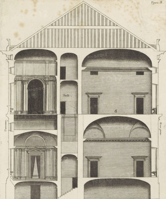 Longitudinal section of the Palazzo Carrega-Cataldi in Genoa, print, album page, This print is part of an album., printmaker: Nicolaes Ryckmans, Antwerp, publisher: Peter Paul Rubens, grantor of privilege: Spanish crown, 1622, provider of privilege, paper, engraving, gravure, height 244 mm, width 201 mm, height 583 mm x width 435 mm, section, architectural design or model, hôtel, ie small palace in city - AA - civic architecture: inside, Genoa, Palazzo Carrega-Cataldi, A detailed architectural drawing showing a vertical cross section of a building with multiple levels and large vaulted spaces, including a triangular roof structure with closely spaced vertical lines, thick walls, arched ceilings rendered with fine shading, and rectangular doorways with pronounced surrounds; one section displays a classical facade with columns, pilasters, entablature, and an arched opening, while other sections show plain wall surfaces with recessed door openings and barrel-vaulted chambers; stair flight...