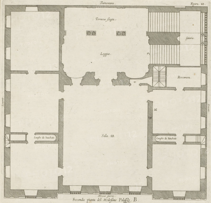Plan of the first floor of the Villa Giustiniani-Cambiaso in Genoa, Seconda pianta del Medesimo Palazzo. B., print, album page, This print is part of an album., printmaker: Nicolaes Ryckmans, Antwerp, publisher: Peter Paul Rubens, provider of privilege: Spanish crown, 1622, paper, engraving, height 248 mm x width 255 mm, height 583 mm x width 435 mm, plan, architecture, hôtel, ie small palace in city - AA - civic architecture: inside, Genoa, Villa Giustiniani-Cambiaso, A detailed architectural floor plan drawn in thin black lines on a pale background, showing a large central rectangular hall flanked by smaller rooms, shaded wall sections with diagonal hatching, doorways and stairwells indicated by broken lines and parallel steps, paired small rectangular window-like elements in some wall sections, curved recesses on one side of the central hall, narrow corridor areas with closely spaced parallel lines, and small rectangular alcoves along outer walls.