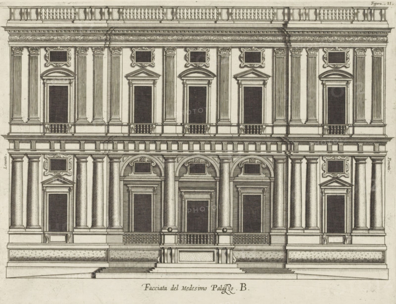 Facciata del Medisimo Palazzo. B., Uprising of the facade of the Villa Giustiniani-Cambiaso in Genoa, print, album page, This print is part of an album., printmaker: Nicolaes Ryckmans, Antwerp, publisher: Peter Paul Rubens, provider of privilege: Spanish crown, 1622, paper, engraving, height 205 mm x width 265 mm, height 583 mm x width 435 mm, front facade, exterior, architectural design or model, hôtel, ie small palace in city, Genoa, Villa Giustiniani-Cambiaso, A detailed architectural drawing of a classical building facade rendered in fine linework, showing multiple levels with columns, pilasters, and ornate cornices. The upper portion features a balustrade along the roofline and a richly decorated entablature with floral motifs. Below this are tall recessed rectangular openings topped by pediments and framed by fluted columns with decorated capitals, and above many openings are ornate rectangular panels with curvilinear surrounds. The middle section includes a continuous balcony wi...
