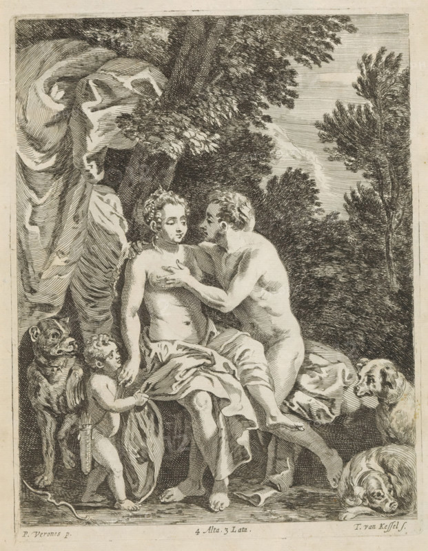 Venus and Adonis, print, album page, The lovers Venus and Adonis are sitting in a landscape. Cupid stands beside her and they are surrounded by dogs. This print is part of an album., printmaker: Theodorus van Kessel, Southern Netherlands, after painting by Paolo Veronese, Italy, publisher: David Teniers (II), Brussels, grantor of privilege: Spanish Crown, 1660, paper, etching, height 221 mm x width 170 mm, The print was produced after the painting by Veronese which is in the collection of the Kunsthistorisches Museum in Vienna (inventory number GG_1527). David Teniers probably produced an oil study on canvas or panel (so-called pasticcio) of every painting in the collection of Leopold William of Austria, which served as models for the printmakers. It is not always clear whether the pasticci were made by him or by his studio. Not all pasticci have survived., Venus and Adonis as lovers, A detailed black and white engraving shows a seated woman with a draped cloth around her lower body an...