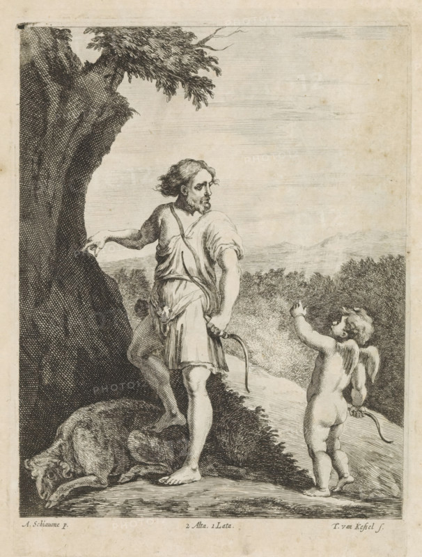 Apollo and Cupid, print, album page, Apollo stands with one foot on a sheep. He points in the direction of a tree. Behind him stands Cupid. In the distance a hilly landscape. This print is part of an album., printmaker: Theodorus van Kessel, Southern Netherlands, after painting by Schiavone, Italy, publisher: David Teniers (II), Brussels, grantor of privilege: Spanish crown, 1660, paper, etching, height 230 mm x width 168 mm, The print was produced after the painting by Schiavone which is in the collection of the Kunsthistorisches Museum in Vienna (inventory number GG_115). David Teniers probably produced an oil study on canvas or panel (so-called pasticcio) of every painting in the collection of Leopold William of Austria, which served as models for the printmakers. It is not always clear whether the pasticci were made by him or by his studio. Not all pasticci have survived., (story of) Cupid, Amor (Eros), (story of) Apollo (Phoebus), A monochrome etched scene shows a bearded man with...