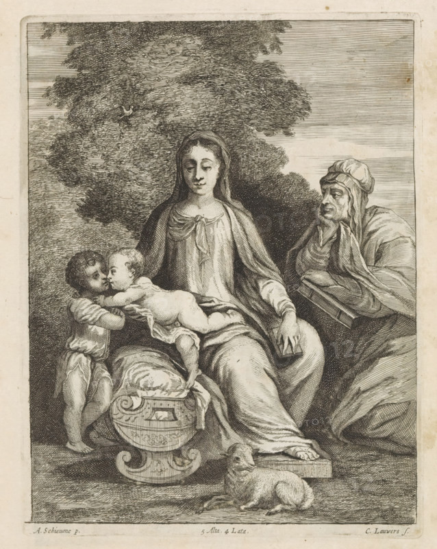 Mary with the Christ Child, the young John the Baptist and St. Elizabeth, print, album page, The Christ Child reaches over a cradle towards the young John the Baptist. On the right, his mother Elizabeth looks on. This print is part of an album., printmaker: Conrad Lauwers, Antwerp, after painting by Schiavone, Italy, publisher: David Teniers (II), Brussels, grantor of privilege: Spanish Crown, 1660, paper, etching, height 221 mm x width 171 mm, David Teniers probably produced an oil study on canvas or panel (so-called pasticcio) of all the paintings in the collection of Leopold William of Austria, which served as a model for the printmakers. It is not always clear whether the pasticci were made by him or by his workshop. Not all pasticci have survived., Mary, the Christ-child and John the Baptist, Elisabeth present, A detailed black and white engraving shows a seated woman wearing a draped robe and a head covering, her eyes lowered and hands resting near a small rectangular object and ...