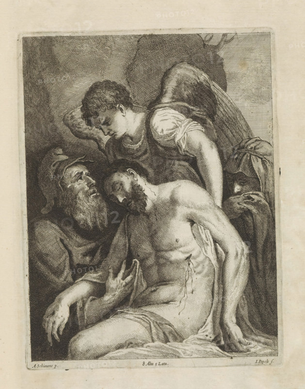 Lamentation of Christ, print, album page, An angel supports the body of Christ. On the left Nicodemus and on the right the grieving Mary. This print is part of an album., printmaker: Johannes Popels, Antwerp, after painting by Schiavone, Italy, publisher: David Teniers (II), Brussels, grantor of privilege: Spanish Crown, 1660, paper, etching, engraving, etching and engraving, height 225 mm x width 172 mm, The print was produced after the painting by Schiavone which is in the collection of the Gemäldegalerie in Dresden (inventory number Gal.-Nr. 274). David Teniers probably produced an oil study on canvas or panel (so-called pasticcio) of every painting in the collection of Leopold William of Austria, which served as models for the printmakers. It is not always clear whether the pasticci were made by him or by his studio. Not all pasticci have survived., lamentation over the dead Christ by his relatives and friends (Christ usually without crown of thorns) (Mary), A detailed monochrome e...