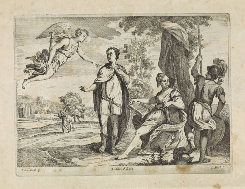 Aeneas is called away from Dido, print, album page, Dido sits among some books under a tree. Next to her stands a soldier. In front of her Aeneas, who is being called away by a winged figure. In the background a round building in a landscape. This print is part of an album., printmaker: Quirin Boel, Southern Netherlands, after painting by Schiavone, Italy, publisher: David Teniers (II), Brussels, grantor of privilege: Spanish crown, 1660, paper, etching, height 166 mm x width 222 mm, The print was produced after the painting by Schiavone which is in the collection of the Kunsthistorisches Museum in Vienna (inventory number GG_5816). David Teniers likely produced an oil study on canvas or panel (known as a pasticcio) of every painting in the collection of Leopold William of Austria, which served as models for the printmakers. It is not always clear whether the pasticci were made by him or by his studio. Not all pasticci have survived. Mercury summons Aeneas, engaged in building activiti...