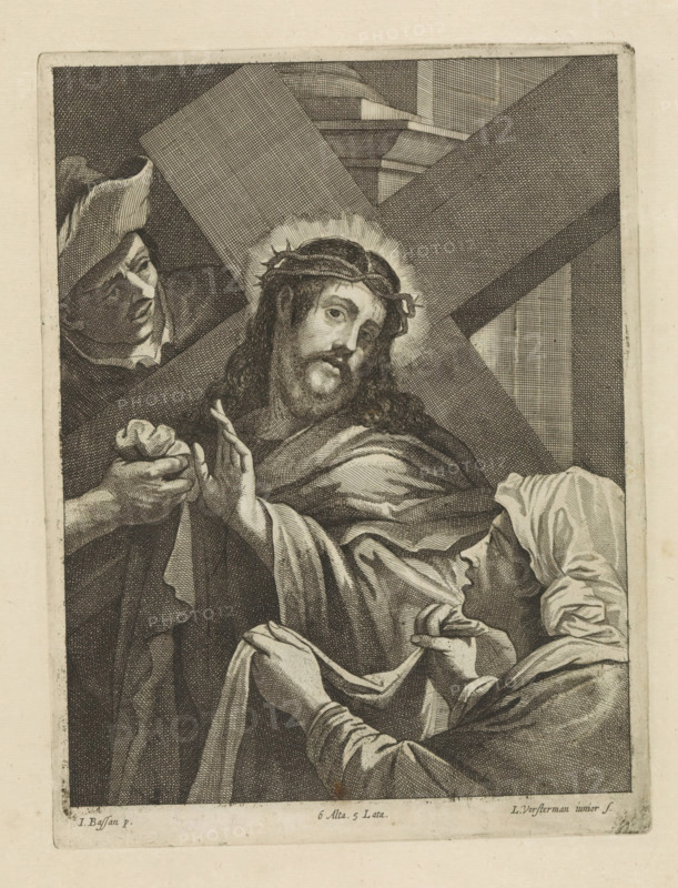 The Carrying of the Cross by Christ with Veronica, print, album page, On the left possibly Simon of Cyrene, who wants to take over the cross from Christ. Veronica gives him a cloth to wipe the sweat from his face. This print is part of an album., printmaker: Lucas Vorsterman (II), Antwerp, after painting by Jacopo Bassano, Italy, publisher: David Teniers (II), Brussels, grantor of privilege: Spanish Crown, 1660, paper, etching, height 231 mm x width 173 mm, David Teniers probably produced an oil study on canvas or panel (so-called pasticcio) of all the paintings in the collection of Leopold William of Austria, which served as a model for the printmakers. It is not always clear whether the pasticci were made by him or by his studio. Not all pasticci have survived., Christ meets Veronica, who has a cloth to wipe Christ's face, A detailed black and white engraving shows a bearded man wearing a crown of thorns and a halo, turned slightly to one side with a somber expression, draped in flow...