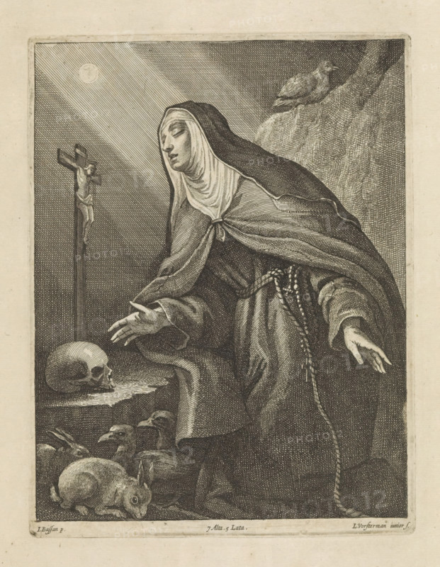 St. Juliana of Falconieri in ecstasy, print, album page, St. Juliana of Falconieri in ecstasy before a crucifix and skull. Before her two hares and two ducks. This print is part of an album., printmaker: Lucas Vorsterman (II), Antwerp, after painting by Jacopo Bassano, Italy, after painting by Leandro Bassano, publisher: David Teniers (II), Brussels, grantor of privilege: Spanish Crown, 1660, paper, etching, height 220 mm x width 170 mm, The print was produced after the painting by Bassano which is in the collection of the Kunsthistorisches Museum in Vienna (inventory number GG_43). According to the KHM, St. Clare is depicted. David Teniers probably produced an oil study on canvas or panel (so-called pasticcio) of all the paintings in the collection of Leopold William of Austria, which served as a model for the printmakers. It is not always clear whether the pasticci were made by him or by his workshop. Not all pasticci have survived., female saints, A robed woman wearing a head coveri...