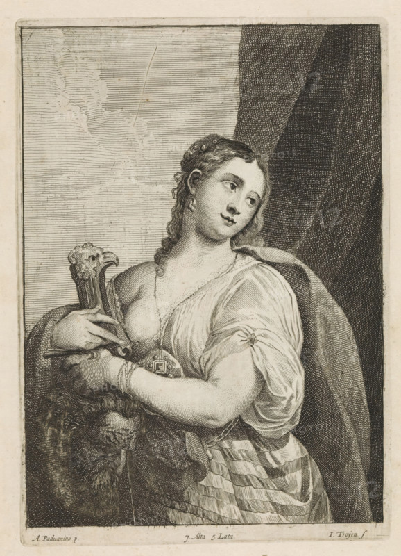 Judid with the Head of Holofernes, print, album page, In her hands also the sword with which she beheaded Holofernes. This print is part of an album., printmaker: Jan van Troyen, Southern Netherlands (possibly), after painting by Padovanino, Italy, publisher: David Teniers (II), Brussels, grantor of privilege: Spanish Crown, 1660, paper, etching, engraving, etching and engraving, height 236 mm x width 166 mm, Print after the painting by Varotari in the collection of the Kunsthistorisches Museum in Vienna (inventory number: GG_80). David Teniers probably produced an oil study on canvas or panel (so-called pasticcio) of every painting in the collection of Leopold William of Austria, which served as models for the printmakers. It is not always clear whether the pasticci were made by him or by his studio. Not all pasticci have survived., Judith and Holofernes (Judith 8-16), A monochrome etching of a woman shown from the waist up, turned slightly to one side with her head tilted and eyes lo...