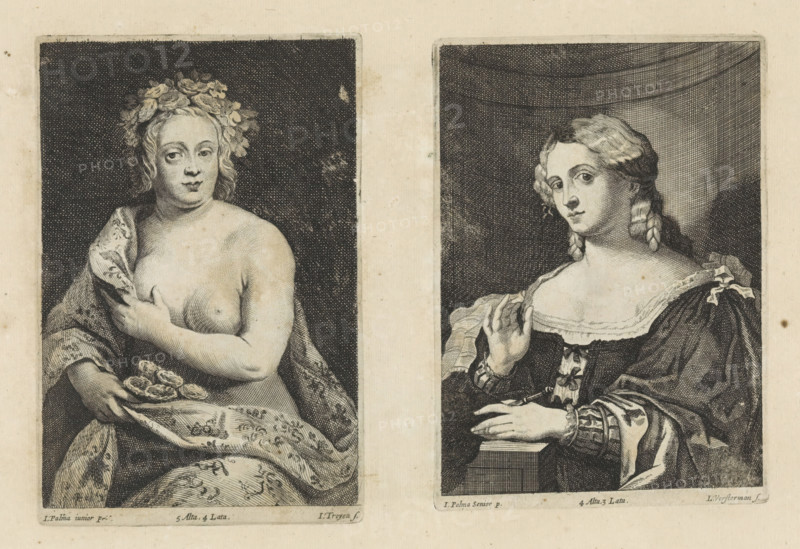 Portrait of an unknown woman with a fan, print, album page, This print is part of an album., printmaker: Lucas Vorsterman (II), Antwerp, after painting by David Teniers (II), Southern Netherlands, after painting by Jacopo Palma (il Vecchio), Italy, Brussels, grantor of privilege: Spanish crown, 1660, paper, etching, height 163 mm x width 116 mm, The print was produced after the painting by Palma which is in the collection of the Kunsthistorisches Museum in Vienna (inventory number GG_63). David Teniers likely produced an oil study on canvas or panel (a so-called pasticcio) of every painting in the collection of Leopold William of Austria, which served as models for the printmakers. It is not always clear whether the pasticci were made by him or by his studio. Not all pasticci have survived., fan, anonymous historical person portrayed alone - BB - woman, Two engraved rectangular portraits appear side by side on aged paper separated by a vertical blank margin. The left portrait shows a p...