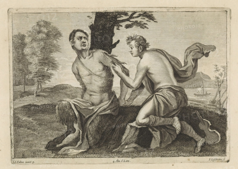 Apollo flays Marsyas, print, album page, After the music contest, Apollo tied Marsyas to a tree and flayed him as punishment. This print is part of an album., printmaker: Peter van Liesebetten, Antwerp, after painting by Jacopo Palma (il Giovane), Italy, publisher: David Teniers (II), Brussels, grantor of privilege: Spanish crown, 1660, paper, etching, engraving, etching and engraving, height 163 mm x width 232 mm, David Teniers probably produced an oil study on canvas or panel (so-called pasticcio) of all the paintings in the collection of Leopold William of Austria, which served as a model for the printmakers. It is not always clear whether the pasticci were made by him or by his studio. Not all pasticci have survived., punishment of Marsyas: he is flayed by Apollo, A monochrome etching shows two partially draped male figures positioned outdoors near a tree trunk; one figure faces forward with a distressed expression and exposed muscular torso, while the other kneels beside him leani...