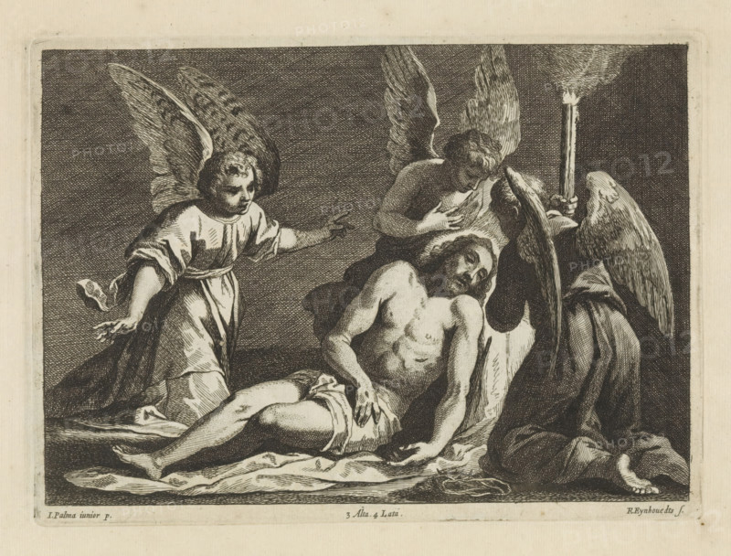 Lamentation of Christ by three angels, print, album page, One angel supports Christ's body and another carries a burning torch. This print is part of an album., printmaker: Remoldus Eynhoudts, Antwerp, after painting by David Teniers (II), Southern Netherlands, after painting by Jacopo Palma (il Giovane), Italy, publisher: David Teniers (II), Brussels, grantor of privilege: Spanish Crown, 1660, Remoldus Eynhoudts, David Teniers (II), Jacopo Palma (il Giovane), Spanish Crown, printmaker, after painting by, publisher, grantor of privilege, paper, etching, engraving, etching and engraving, height 166 mm x width 226 mm, David Teniers probably produced an oil study on canvas or panel (so-called pasticcio) of all the paintings in the collection of Leopold William of Austria, which served as a model for the printmakers. It is not always clear whether the pasticci were made by him or by his studio. Not all pasticci have survived., Christ lamented by angels, A monochrome engraving shows a recli...