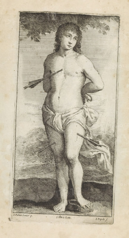 Martyrdom of St. Sebastian, print, album page, St. Sebastian stands tied to a tree. His body is pierced with arrows. This print is part of an album., printmaker: Johannes Popels, Antwerp, after painting by Jacopo Palma (il Vecchio), Italy, publisher: David Teniers (II), Brussels, grantor of privilege: Spanish Crown, 1660, paper, etching, height 230 mm x width 113 mm, The print was produced after the painting by Palma (and studio) which is in the collection of the Kunsthistorisches Museum in Vienna (inventory number GG_2655). David Teniers probably produced an oil study on canvas or panel (so-called pasticcio) of every painting in the collection of Leopold William of Austria, which served as models for the printmakers. It is not always clear whether the pasticci were made by him or by his studio. Not all pasticci have survived., St. Sebastian, tied to a tree or a pillar, is pierced by arrows, A monochrome engraved image of a barefoot, partially draped young person standing within a rect...
