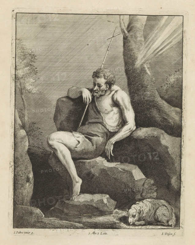 St. John the Baptist on a rock, print, album page, In his hand the reed cross. Beside him the lamb. This print is part of an album., printmaker: Jan van Troyen, Southern Netherlands (possibly), after painting by David Teniers (II), after painting by Jacopo Palma (il Giovane), Italy, Brussels, grantor of privilege: Spanish crown, 1660, paper, etching, engraving, etching and engraving, height 223 mm x width 173 mm, David Teniers probably produced an oil study on canvas or panel (so-called pasticcio) of all the paintings in the collection of Leopold William of Austria, which served as models for the printmakers. It is not always clear whether the pasticci were made by him or by his studio. Not all pasticci have been preserved., John the Baptist, possible attributes: book, reed cross, baptismal cup, honeycomb, lamb, staff, A monochrome etching shows a seated bearded man leaning against a large tree trunk while resting on rock formations, his torso partially draped with a rough cloth and on...