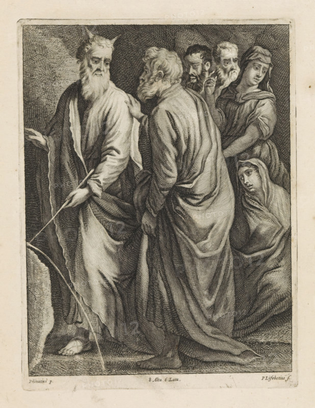 Moses strikes water from the rock, print, album page, Moses strikes water from a rock with his staff. Several Israelites look on. This print is part of an album., printmaker: Peter van Liesebetten, Antwerp, after painting by Francesco Primaticcio, Italy, publisher: David Teniers (II), Brussels, grantor of privilege: Spanish Crown, 1660, paper, etching, engraving, etching and engraving, height 239 mm x width 178 mm, David Teniers probably produced an oil study on canvas or panel (so-called pasticcio) of all the paintings in the collection of Leopold William of Austria, which served as a model for the printmakers. It is not always clear whether the pasticci were made by him or by his workshop. Not all pasticci have survived. Moses strikes the rock twice in front of the assembled people and water gushs out, the people quench their thirst., A detailed black and white engraving shows a group of robed figures standing closely together, with flowing drapery and finely hatched shading. An olde...