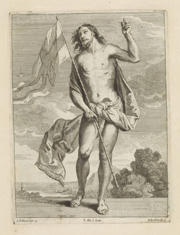 Risen Christ, print, album page, Christ stands with a banner in his hand and looks upwards. With his left hand he makes a blessing gesture. In the background a landscape. This print is part of an album., printmaker: Remoldus Eynhoudts, Antwerp, after painting by Jacopo Palma (il Vecchio), Italy, publisher: David Teniers (II), Brussels, grantor of privilege: Spanish crown, 1660, paper, etching, engraving, etching and engraving, height 226 mm x width 168 mm, David Teniers probably produced an oil study on canvas or panel (so-called pasticcio) of all the paintings in the collection of Leopold William of Austria, which served as models for the printmakers. It is not always clear whether the pasticci were made by him or by his studio. Not all pasticci have survived., landscapes in the temperate zone, the risen Christ (with wounds, but without crown of thorns), sometimes holding the cross, A monochrome engraving of a nearly nude standing male figure seen from head to feet, with long wavy hai...