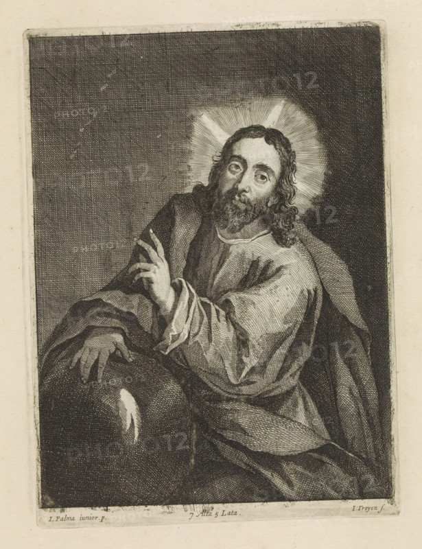 Christ as Salvator Mundi, print, album page, Christ as Savior of the World. His right hand rests on a globe. With his left hand he makes a blessing gesture. This print is part of an album., printmaker: Jan van Troyen, Southern Netherlands (possibly), after painting by David Teniers (II), after painting by Jacopo Palma (il Giovane), Italy, Brussels, grantor of privilege: Spanish crown, 1660, paper, etching, height 235 mm x width 171 mm, David Teniers probably produced an oil study on canvas or panel (so-called pasticcio) of all the paintings in the collection of Leopold William of Austria, which served as models for the printmakers. It is not always clear whether the pasticci were made by him or by his studio. Not all pasticci have survived., 'Salvator Mundi', making a blessing gesture, an orb in his hand or at his feet, A detailed black and white engraving of a bearded man with long wavy hair and a radiant halo behind his head, wearing flowing draped robes; his right hand is raised wit...