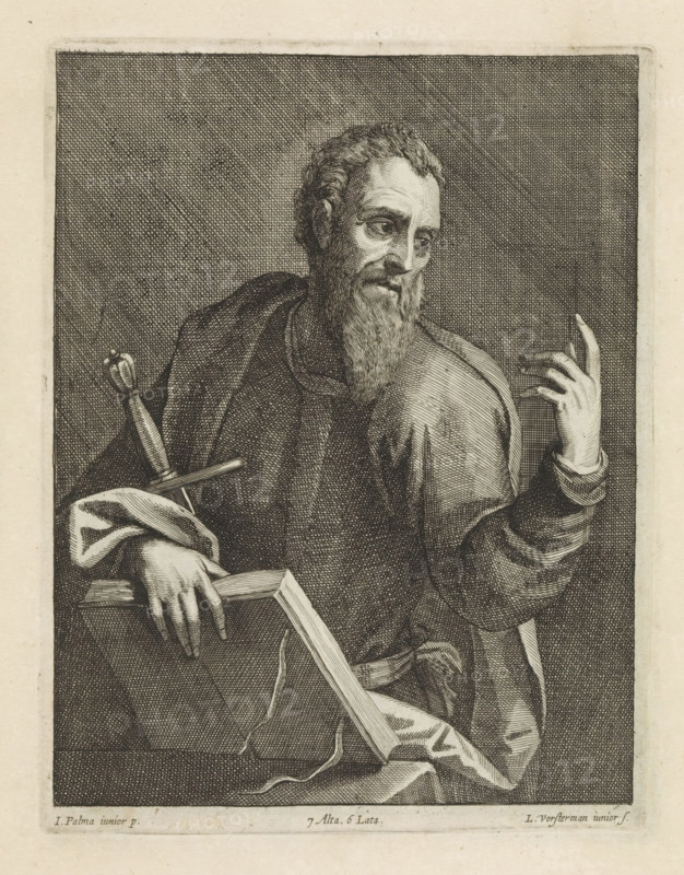 H. Paulus, print, album page, The Apostle Paul with an open book and a sword. This print is part of an album., printmaker: Lucas Vorsterman (II), Antwerp, after painting by David Teniers (II), Southern Netherlands, after painting by Jacopo Palma (il Giovane), Italy, Brussels, grantor of privilege: Spanish Crown, 1660, paper, etching, height 228 mm x width 175 mm, David Teniers probably produced an oil study on canvas or panel (so-called pasticcio) of all the paintings in the collection of Leopold William of Austria, which served as a model for the printmakers. It is not always clear whether the pasticci were made by him or by his workshop. Not all pasticci have survived., the apostle Paul of Tarsus, possible attributes: book, scroll, sword, A monochrome engraved portrait of a bearded man shown from the waist up, turned slightly to his left, wearing draped robes and a visible belt; his right hand rests on the handle of a large sword or cross-like object while his left hand is raised wit...