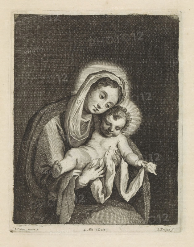 Mary with the Christ Child, print, album page, This print is part of an album., printmaker: Jan van Troyen, Southern Netherlands (possibly), after painting by Jacopo Palma (il Giovane), Italy, publisher: David Teniers (II), Brussels, grantor of privilege: Spanish crown, 1660, paper, etching, engraving, etching and engraving, height 225 mm x width 175 mm, David Teniers probably produced an oil study on canvas or panel (so-called pasticcio) of all the paintings in the collection of Leopold William of Austria, which served as a model for the printmakers. It is not always clear whether the pasticci were made by him or by his studio. Not all pasticci have survived., Madonna: Mary sitting or enthroned, the Christ-child in her lap (or in front of her bosom) (Mary sometimes represented half-length), A monochrome engraving showing a seated woman with a draped head covering holding an infant; the woman’s face is tilted toward the child and framed by a radiant halo, and she wears layered robes wi...