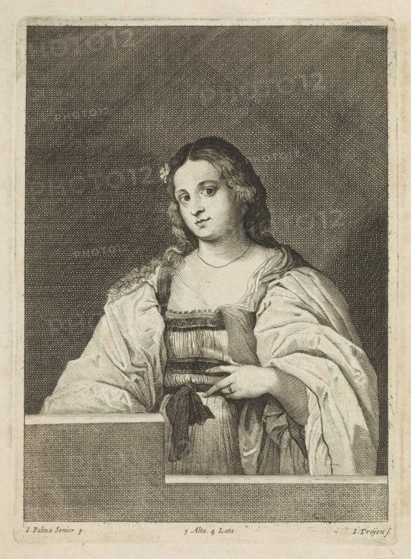 Portrait of an unknown woman, print, album page, She stands behind a low wall. This print is part of an album., printmaker: Jan van Troyen, Southern Netherlands (possibly), after painting by Jacopo Palma (il Vecchio), Italy, after painting by Giovanni Cariani (possibly), publisher: David Teniers (II), Brussels, grantor of privilege: Spanish Crown, 1660, paper, etching, engraving, etching and engraving, height 230 mm x width 167 mm, The print was produced after the painting possibly by Cariani which is in the collection of the Szépmuvészeti Múzeum in Budapest (inventory number 84). David Teniers likely produced an oil study on canvas or panel (known as a pasticcio) of every painting in the collection of Leopold William of Austria, which served as models for the printmakers. It is not always clear whether the pasticci were made by him or by his studio. Not all pasticci have survived., A monochrome engraved portrait of a seated young woman shown from the waist up against a densely crossha...