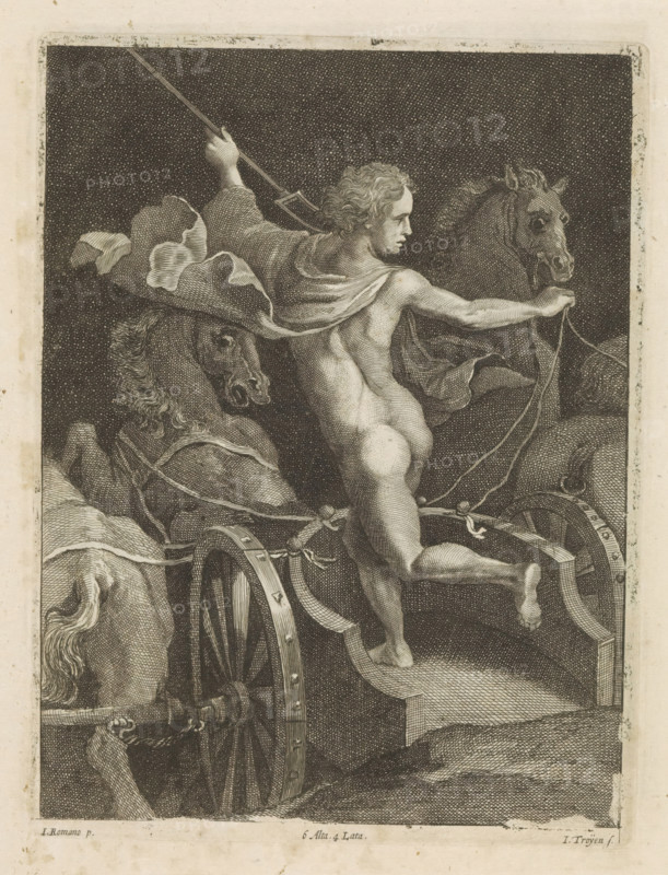 Pluto in his chariot, print, album page, Pluto stands in his chariot, which is drawn by four horses. This print is part of an album., printmaker: Jan van Troyen, Southern Netherlands (possibly), after painting by Giulio Romano, Italy, publisher: David Teniers (II), Brussels, grantor of privilege: Spanish crown, 1660, paper, etching, engraving, etching and engraving, height 223 mm x width 169 mm, Print after a painting from the workshop of Giulio Romano that is in the collection of the Kunsthistorisches Museum in Vienna (inventory number: GG_157). David Teniers probably produced an oil study on canvas or panel (so-called pasticcio) of every painting in the collection of Leopold William of Austria, which served as models for the printmakers. It is not always clear whether the pasticci were made by him or by his studio. Not all pasticci have survived., (story of) Pluto (Hades), Dis Pater, Orcus, ancient forms of military vehicles: chariot, battle wagon, A detailed black and white engravin...