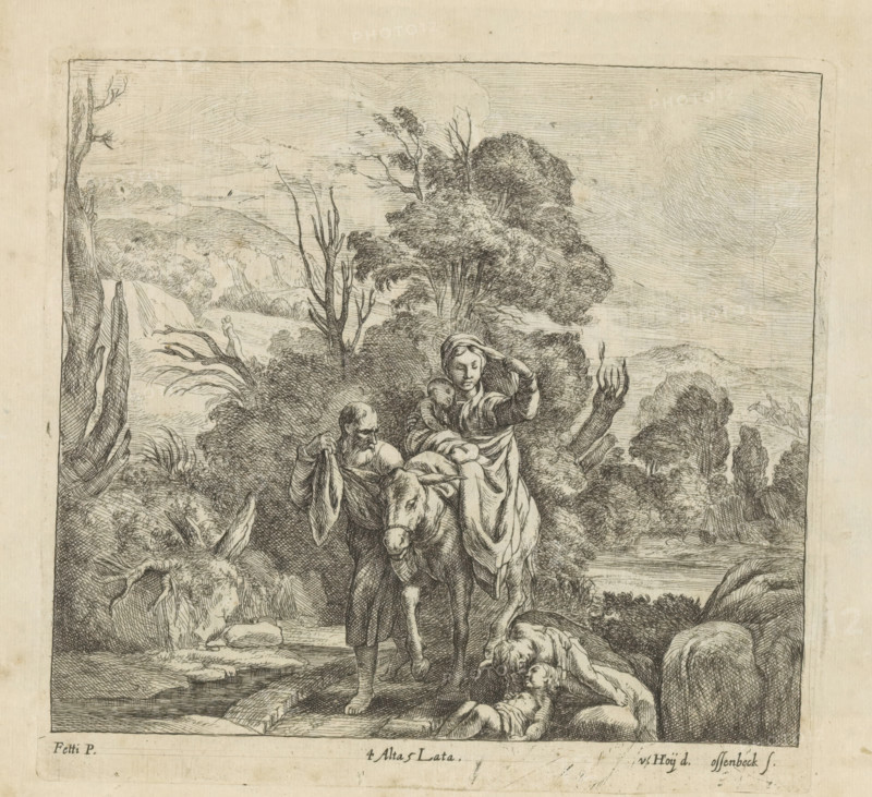 Flight into Egypt, print, album page, Joseph leads the donkey with Mary and the Christ Child through a wooded landscape. In the foreground, a woman with child. This print is part of an album., printmaker: Jan van Ossenbeeck, after drawing by Nikolaas van Hoy, Vienna, after painting by Domenico Feti, Italy, publisher: David Teniers (II), Brussels, grantor of privilege: Spanish Crown, 1660, Lower Austria, paper, etching, height 176 mm x width 184 mm, The print was produced after the painting by Fetti which is in the collection of the Kunsthistorisches Museum in Vienna (inventory number GG_155). David Teniers likely produced an oil study on canvas or panel (known as a pasticcio) of every painting in the collection of Leopold William of Austria, which served as models for the printmakers. It is not always clear whether the pasticci were made by him or by his studio. Not all pasticci have survived., the flight into Egypt: Mary, Joseph, the child (and sometimes others) on their way, Mary usu...