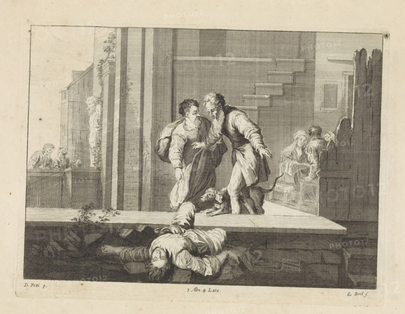 Tobias shows Tobit the murdered Israelite, print, album page, Tobias has taken his father Tobit away from the feast to show him the body of a strangled Israelite lying outside. This print is part of an album., printmaker: Quirin Boel, Southern Netherlands, after painting by David Teniers (II), after painting by Domenico Feti, Italy, Brussels, grantor of privilege: Spanish crown, 1660, paper, etching, height 180 mm x width 239 mm, David Teniers probably produced an oil study on canvas or panel (so-called pasticcio) of all the paintings in the collection of Leopold William of Austria, which served as models for the printmakers. It is not always clear whether the pasticci were made by him or by his studio. Not all pasticci have survived., Tobias tells Tobit of a dead man in the street, A monochrome engraving shows a scene on a raised platform in an architectural courtyard with columns and a flight of stepped ledges in the background. Two standing men in period clothing lean toward each ot...