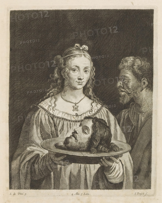 Salome with the head of John the Baptist, print, album page. She displays the head on a platter. Next to her is an old man, possibly Herod. This print is part of an album., printmaker: Jan van Troyen, Southern Netherlands (possibly), after painting by David Teniers (II), after painting by Leonardo da Vinci, Italy, after painting by Bernardino Luini, Brussels, grantor of privilege: Spanish Crown, 1660, paper, etching, engraving, etching and engraving, height 219 mm x width 173 mm, Print after the painting by Bernardo Luini which is in the collection of the Kunsthistorisches Museum in Vienna (inventory number: GG_190). The painted copy by Teniers is in the collection of the Princess Royal. David Teniers probably produced an oil study on canvas or panel (so-called pasticcio) of every painting in the collection of Leopold William of Austria, which served as models for the printmakers. It is not always clear whether the pasticci were made by him or by his studio. Not all pasticci have survi...