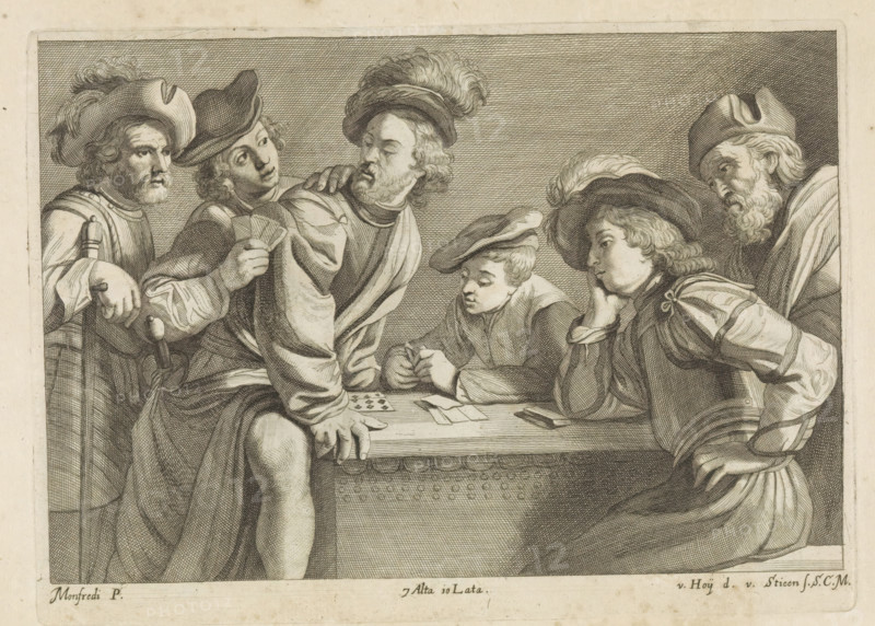 Card players, print, album page, Six card players around a table. This print is part of an album., printmaker: Frans van der Steen, Vienna, after drawing by Nikolaas van Hoy, after painting by Bartolomeo Manfredi, Italy, publisher: David Teniers (II), Brussels, grantor of privilege: Spanish crown, 1660, Lower Austria, paper, etching, height 173 mm x width 237 mm, David Teniers probably produced an oil study on canvas or panel (so-called pasticcio) of all the paintings in the collection of Leopold William of Austria, which served as a model for the printmakers. It is not always clear whether the pasticci were made by him or by his studio. Not all pasticci have survived., playing-cards (sportsman, player, etc.), A monochrome engraving shows a group of people gathered around a table, all wearing period clothing and hats with various plumes and brims; one figure leans on the table with a hand resting on its edge while holding a small fan, another figure beside him places a hand on his shou...