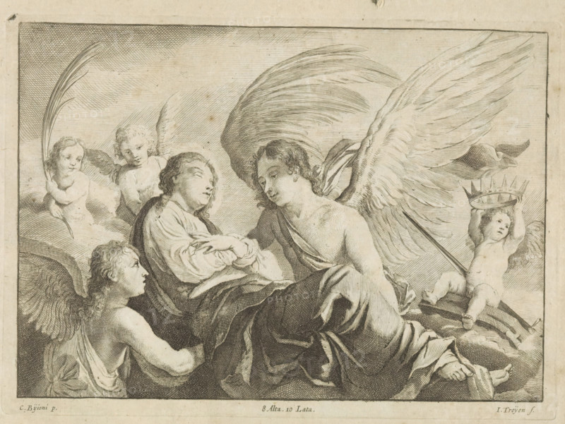 Ascension of St. Catherine of Alexandria, print, album page, The body of St. Catherine is supported by angels. On the left, an angel with the martyr's palm. On the right, an angel on the wheel, with sword and crown. This print is part of an album., printmaker: Jan van Troyen, Southern Netherlands (possibly), after painting by David Teniers (II), Southern Netherlands, after painting by Giovanni Baglione, Italy, publisher: David Teniers (II), Brussels, grantor of privilege: Spanish crown, 1660, Jan van Troyen, David Teniers (II), Giovanni Baglione, Spanish crown, printmaker, after painting by, publisher, grantor of privilege, paper, etching, engraving, etching and engraving, height 167 mm x width 231 mm, David Teniers probably produced an oil study on canvas or panel (so-called pasticcio) of all the paintings in the collection of Leopold William of Austria, which served as a model for the printmakers. It is not always clear whether the pasticci were made by him or by his studio. Not all ...