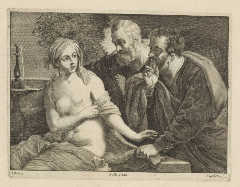 Susanna and the Elders, print, album page, Susanna bathes in the garden. Two elders try to seduce her. This print is part of an album., printmaker: Peter van Liesebetten, Antwerp, after painting by David Teniers (II), Southern Netherlands, after painting by Guido Reni, Italy, Brussels, grantor of privilege: Spanish Crown, 1660, paper, etching, engraving, etching and engraving, height 181 mm x width 237 mm, The print was produced after the painting by Reni which is in the collection of The National Gallery in London (inventory number NG 196). David Teniers probably produced an oil study on canvas or panel (so-called pasticcio) of every painting in the collection of Leopold William of Austria, which served as models for the printmakers. It is not always clear whether the pasticci were made by him or by his studio. Not all pasticci have survived., the elders making advances towards Susanna, A detailed black and white engraving shows a partially draped young woman seated with a cloth acros...