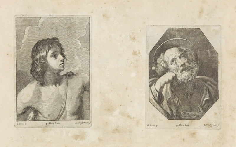 Penitent Peter, print, album page, Bust of St. Peter with a hand under his head. In an octagonal frame. This print is part of an album., printmaker: Lucas Vorsterman (II), Antwerp, after painting by Guido Reni, Italy, publisher: David Teniers (II), Brussels, grantor of privilege: Spanish crown, 1660, paper, etching, height 113 mm x width 82 mm, The print was produced after the painting by Reni which is in the collection of the Kunsthistorisches Museum in Vienna (inventory number GG_243). David Teniers probably produced an oil study on canvas or panel (so-called pasticcio) of every painting in the collection of Leopold William of Austria, which served as models for the printmakers. It is not always clear whether the pasticci were made by him or by his studio. Not all pasticci have survived., repentance of Peter, An aged paper sheet with two engraved portrait panels separated by blank space, the left panel showing a young bare-shouldered figure with long wavy hair turned in profile towar...