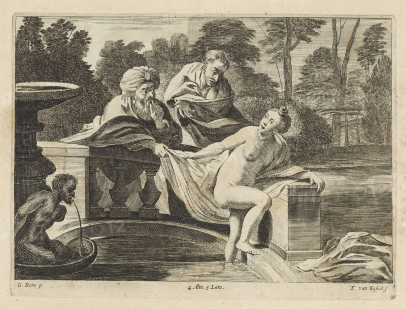 Susanna and the Elders, print, album page, Susanna bathes in a fountain in her garden. One of the elders pulls at her robe. This print is part of an album., printmaker: Theodorus van Kessel, Southern Netherlands, after painting by Guido Reni, Italy, publisher: David Teniers (II), Brussels, grantor of privilege: Spanish Crown, 1660, paper, etching, height 170 mm x width 229 mm, David Teniers probably produced an oil study on canvas or panel (so-called pasticcio) of all the paintings in the collection of Leopold William of Austria, which served as a model for the printmakers. It is not always clear whether the pasticci were made by him or by his studio. Not all pasticci have survived., the elders making advances towards Susanna, A monochrome etching showing an outdoor scene with trees and bushes in the background and a curved stone balustrade in the middle ground. A partially draped seated man wearing a turban and a bearded man beside him lean over the balustrade, one with a finger to hi...
